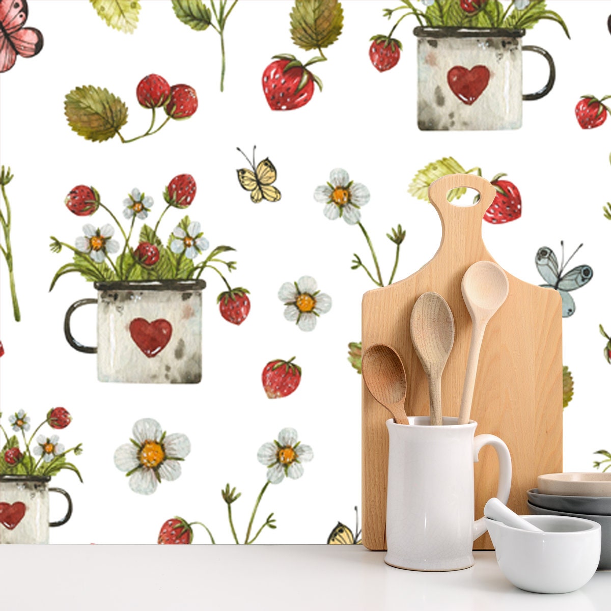 Teacup with Strawberries, Berries, Sprout, Herbs and Forest Flowers Wallpaper Kitchen Mural