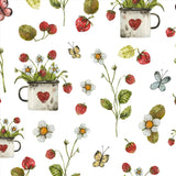 Teacup with Strawberries, Berries, Sprout, Herbs and Forest Flowers Wallpaper Kitchen Mural