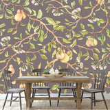 Seamless Pattern on a Brown Background with Branches, White Flowers and Ripe Yellow Pear Fruits. Painted in Watercolor Dining Room Mural