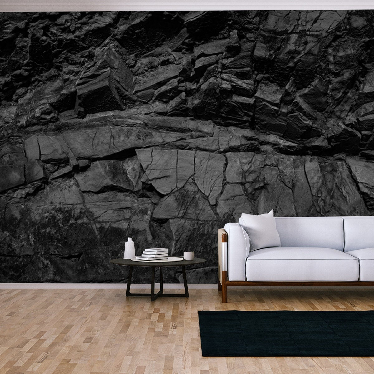 Black and White Background. Volumetric Black Stone Background. 3d Effect. Rock Texture Wallpaper Living Room Mural