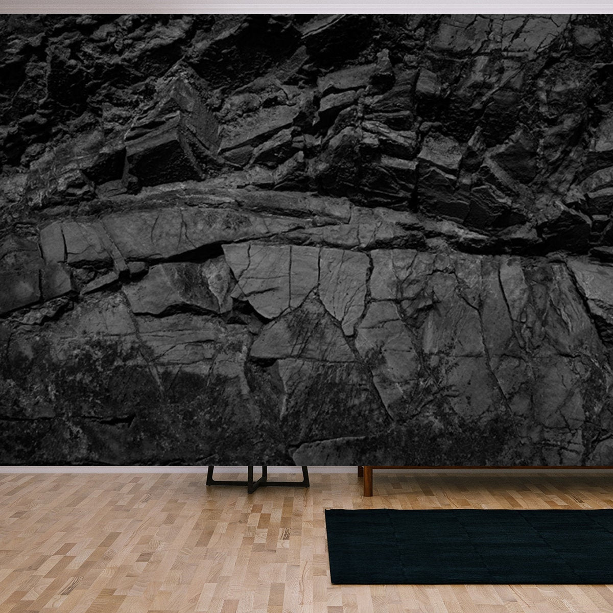 Black and White Background. Volumetric Black Stone Background. 3d Effect. Rock Texture Wallpaper Living Room Mural