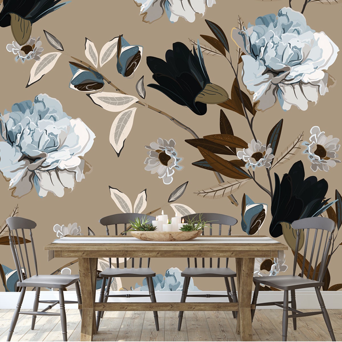 Bouquet of Delicate Light Blue Rose Flowers and Leaves on a Beige, Tan Color Background Wallpaper Dining Room Mural