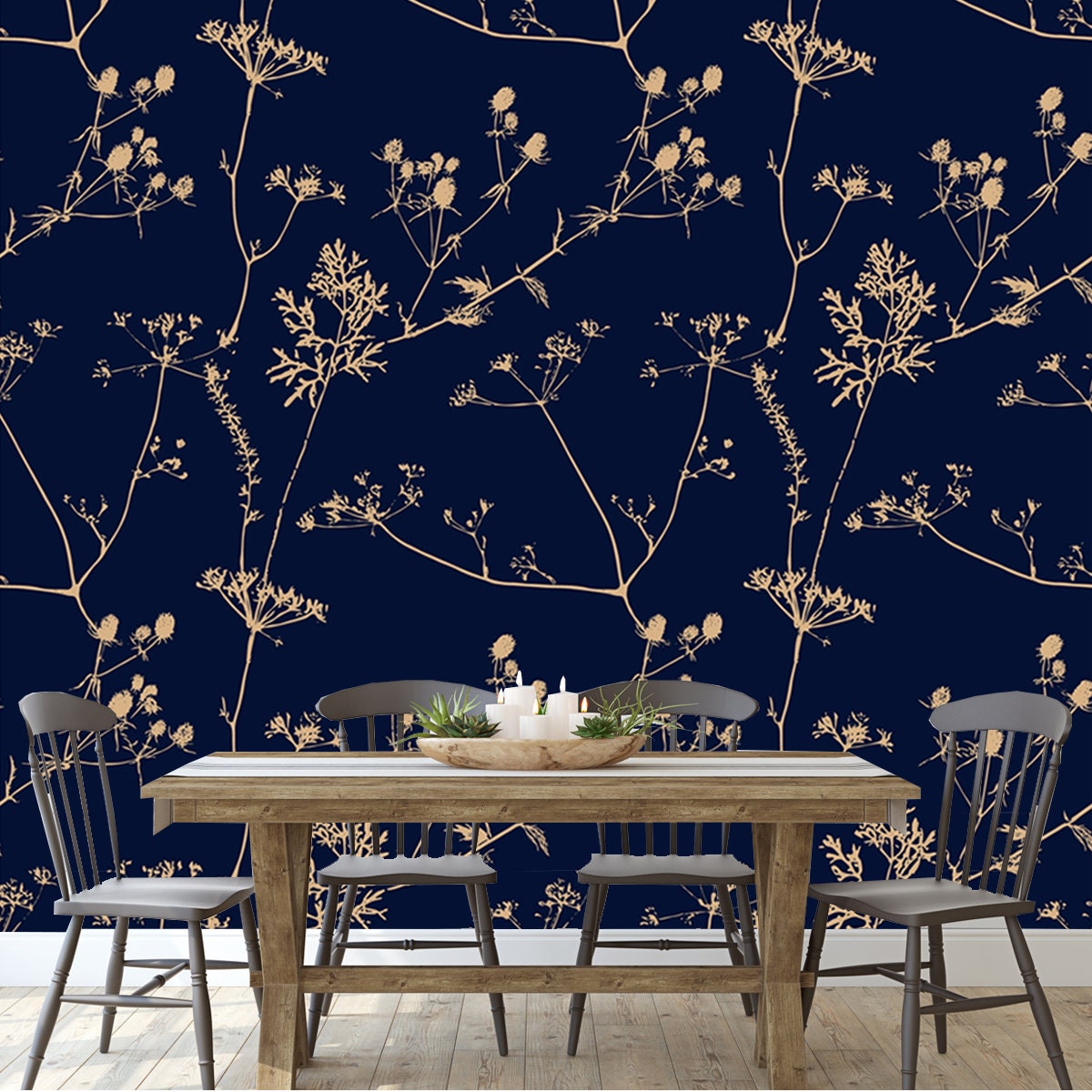 Romantic Vegetative Botanical Silhouette Monochrome Grass Leaves Herbal Seamless Pattern Wallpaper Dining Room Mural