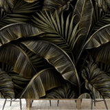 Tropical Exotic Seamless Pattern with Dark Golden Vintage Banana Leaves, Palm and Colocasia Wallpaper Dining Room Mural