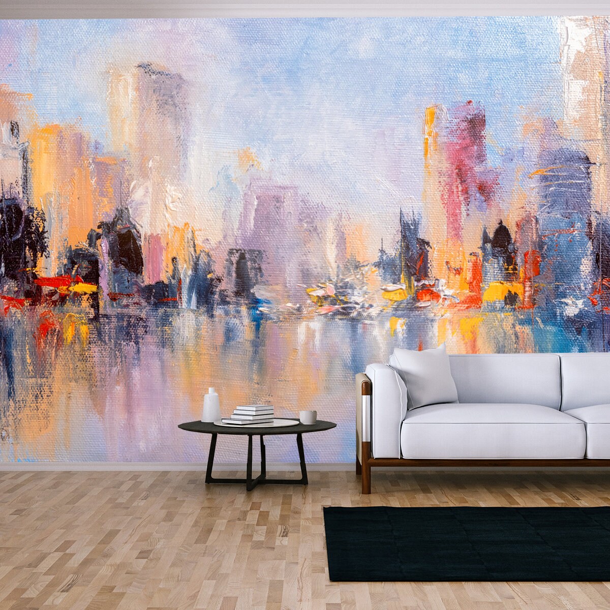 Skyline City View with Reflections on Water. Original Oil Painting on Canvas Wallpaper Living Room Mural