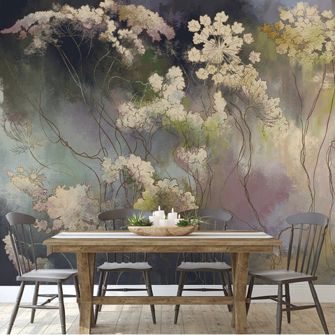 Graphic Wildflowers Painted on Dark Colorful Wall. Floral Background in Loft, Modern Style Wallpaper Dining Room Mural