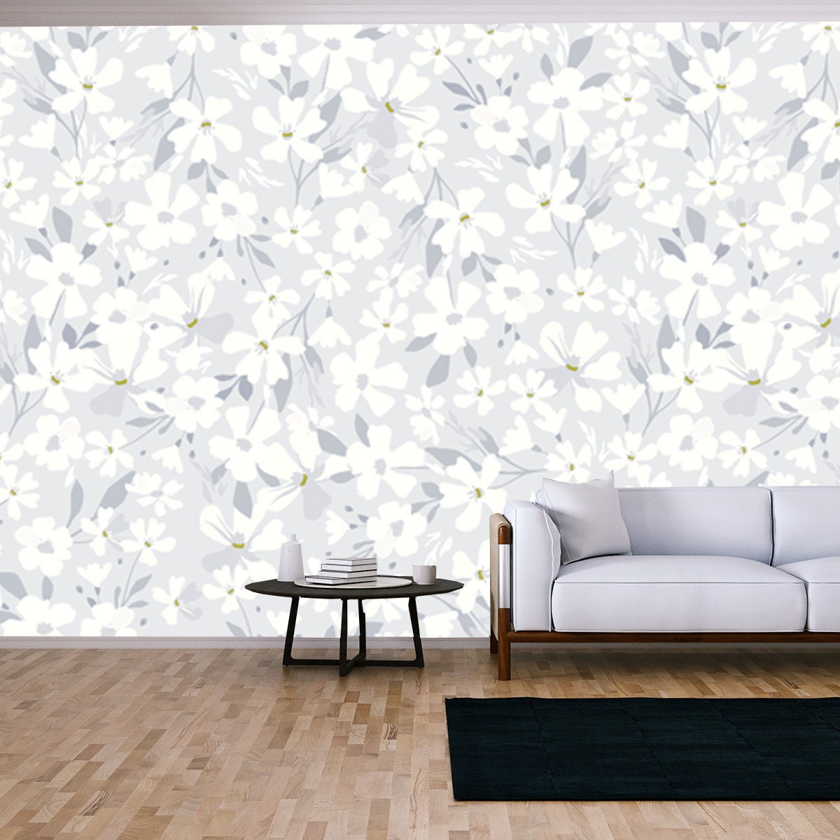 Delicate White Flowers on Blue Background Wallpaper Living Room Mural