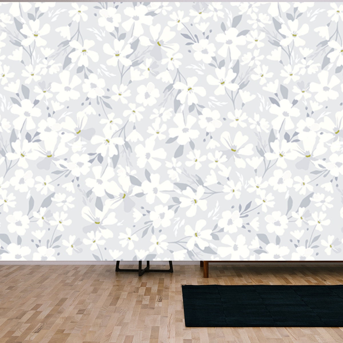 Delicate White Flowers on Blue Background Wallpaper Living Room Mural