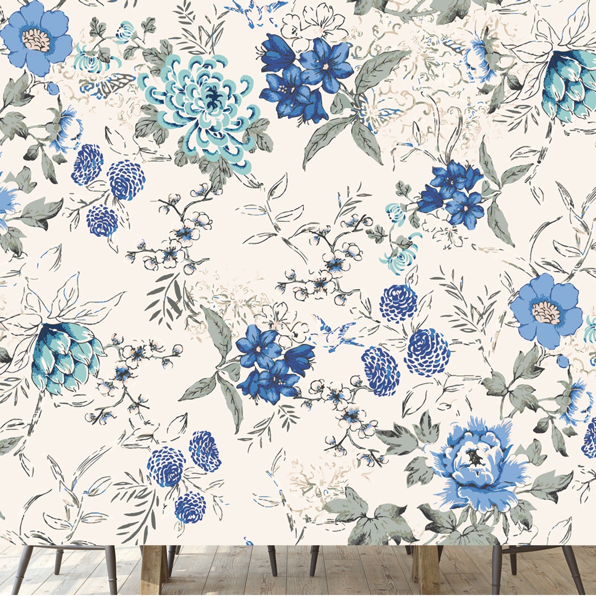 Seamless Background of Blue Watercolor Flowers Wallpaper Dining Room Mural