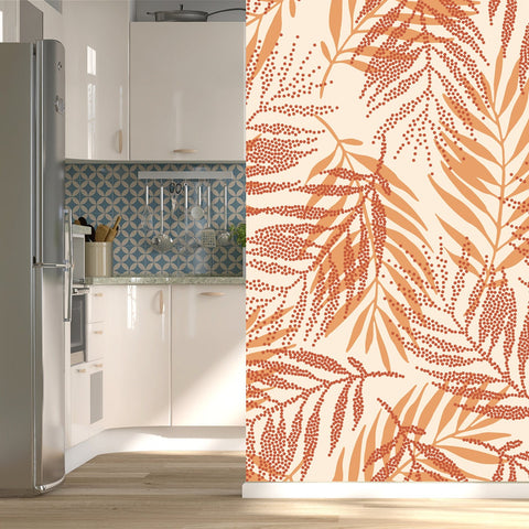 Tropical Seamless Pattern with Dotted Palm Leaves Silhouettes in Retro Colors. Jungle Stipple Vector Art Wallpaper Kitchen Mural