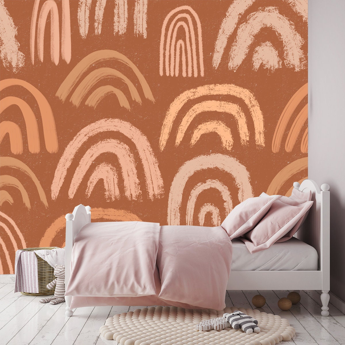 Modern Hand Drawn Seamless Pattern. Various Pastel Rainbows on Terracotta Background Wallpaper Girl Bedroom Mural