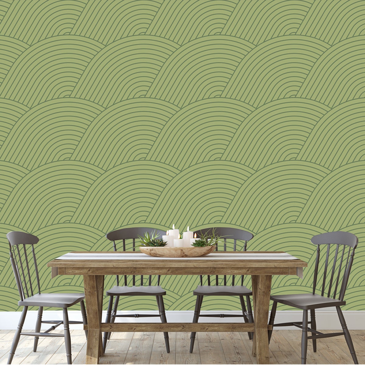 Green Zen, Abstract Field Seamless Vector Pattern. Calming, Flowing Linear Design. Geometric, Oriental Inspired Wallpaper Dining Room Mural