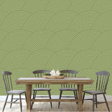 Green Zen, Abstract Field Seamless Vector Pattern. Calming, Flowing Linear Design. Geometric, Oriental Inspired Wallpaper Dining Room Mural