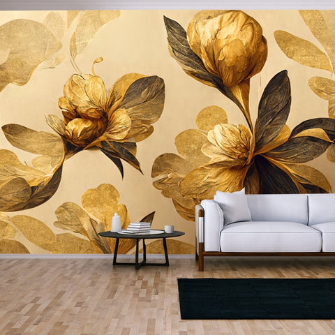 4K Golden Floral Background, Abstract Vintage Flower Design Wallpaper Living Room Mural