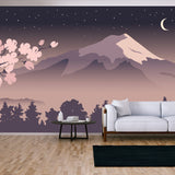 Abstract landscape with Mount Fuji with Blooming Sakura, Starlight Night, Japanese Landscape Wallpaper Living Room Mural