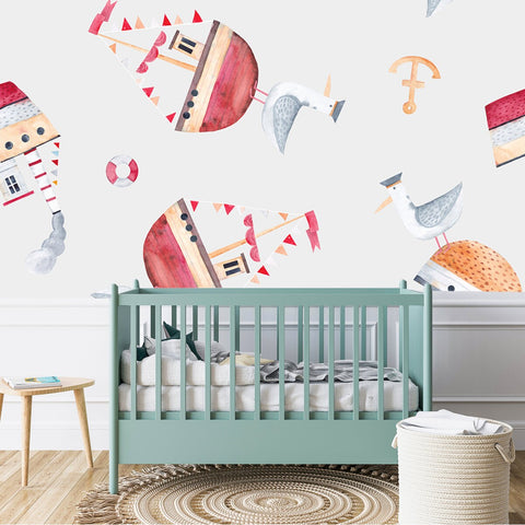 Watercolor Seamless Pattern with Ships, Anchors and Seagulls Wallpaper Boy Nursery Mural