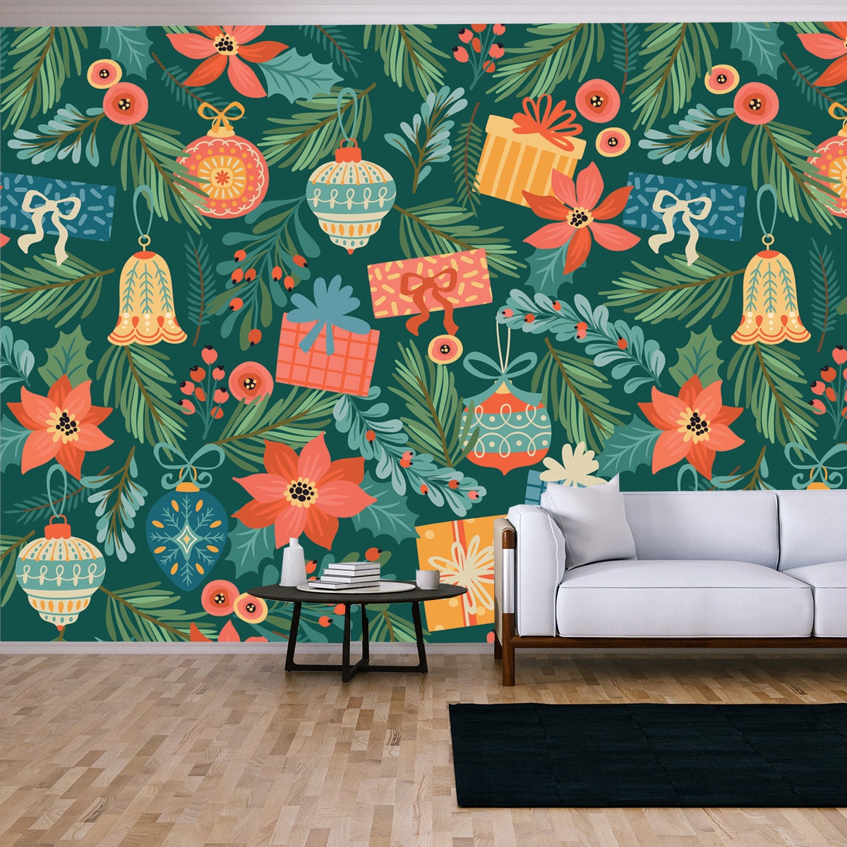 Christmas and Happy New Year Seamless Pattern with Christmas Toys and Gifts Wallpaper Living Room Mural