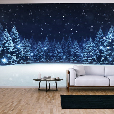 Snow Covered Winter Forest Under Stormy Snowfall and Dark Sky Wallpaper Living Room Mural