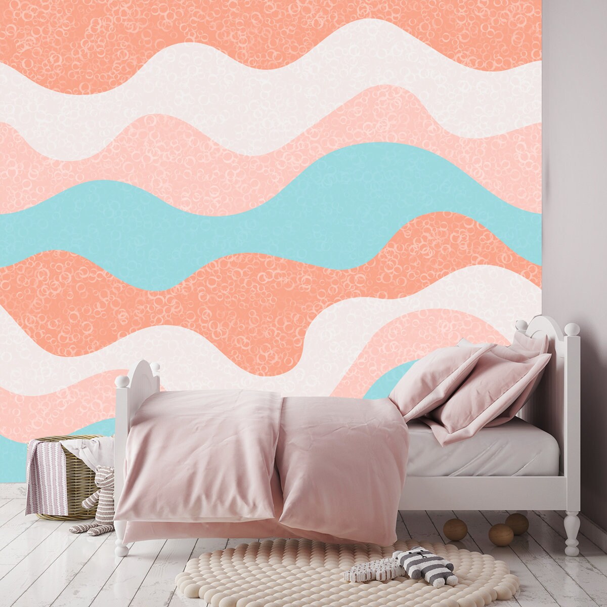 Wavy Seamless Pattern. Nautical Waves Ripple Doodle Vector Wallpaper Girl Bedroom Mural