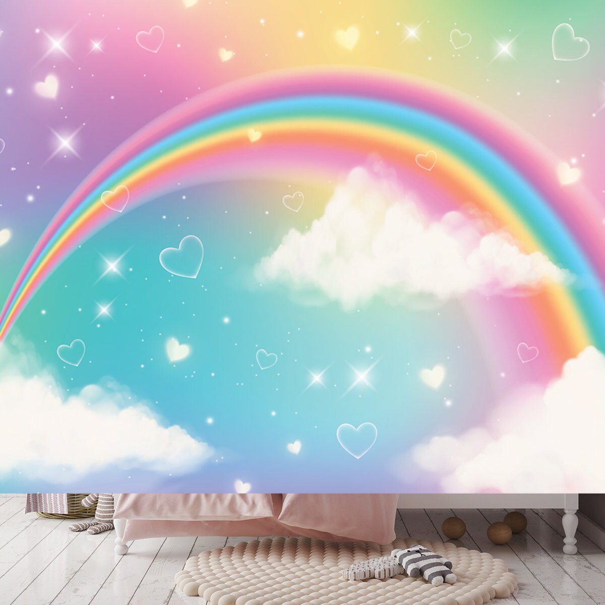 Holographic Fantasy Rainbow Unicorn Background with Clouds. Pastel Color Sky Wallpaper Girl Bedroom Mural