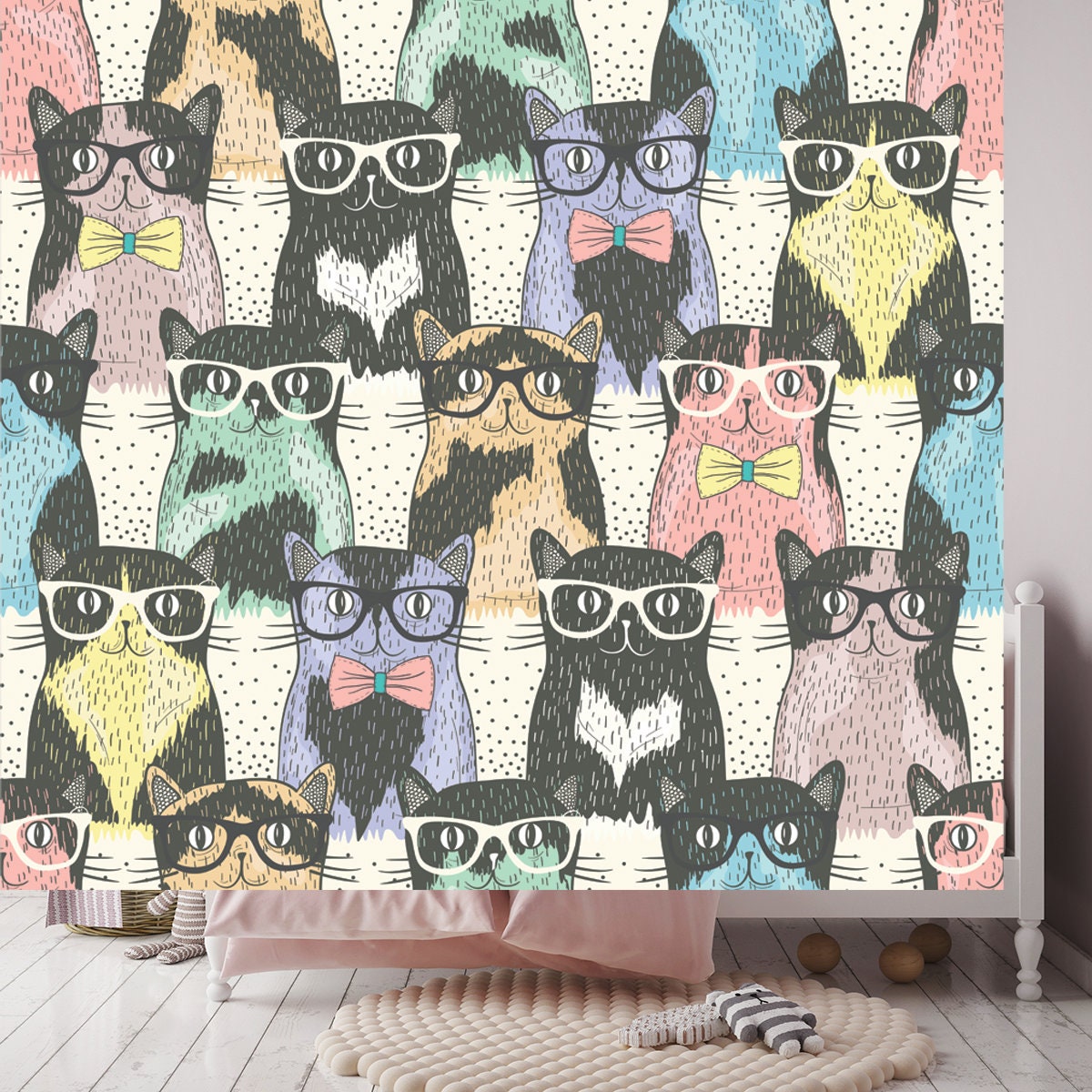 Seamless Pattern with Hipster Cute Cats Wallpaper Girl Bedroom Mural