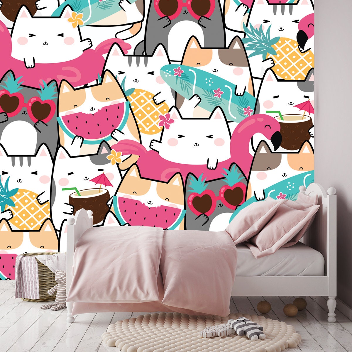 Kawaii Summer Cute Cats Wallpaper Girl Bedroom Mural