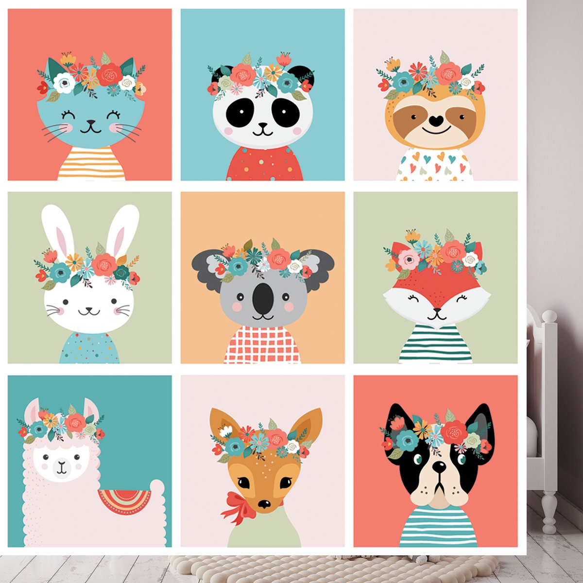 Cute Animals Heads with Flower Crown  Wallpaper Girl Bedroom Mural