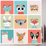 Cute Animals Heads with Flower Crown  Wallpaper Girl Bedroom Mural