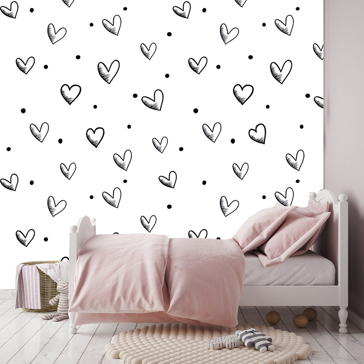 Retro Pattern, Polka Dot with Hearts Wallpaper Girl Bedroom Mural