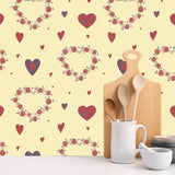 Red and Purple Hearts with Flowers on Beige Background Wallpaper Kitchen Mural