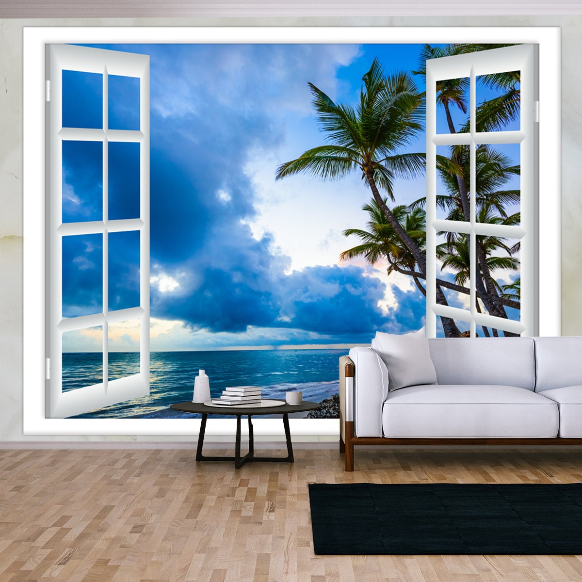 Open Window View of the Sky with Clouds Sunrise Over the Beach Wallpaper Living Room Mural