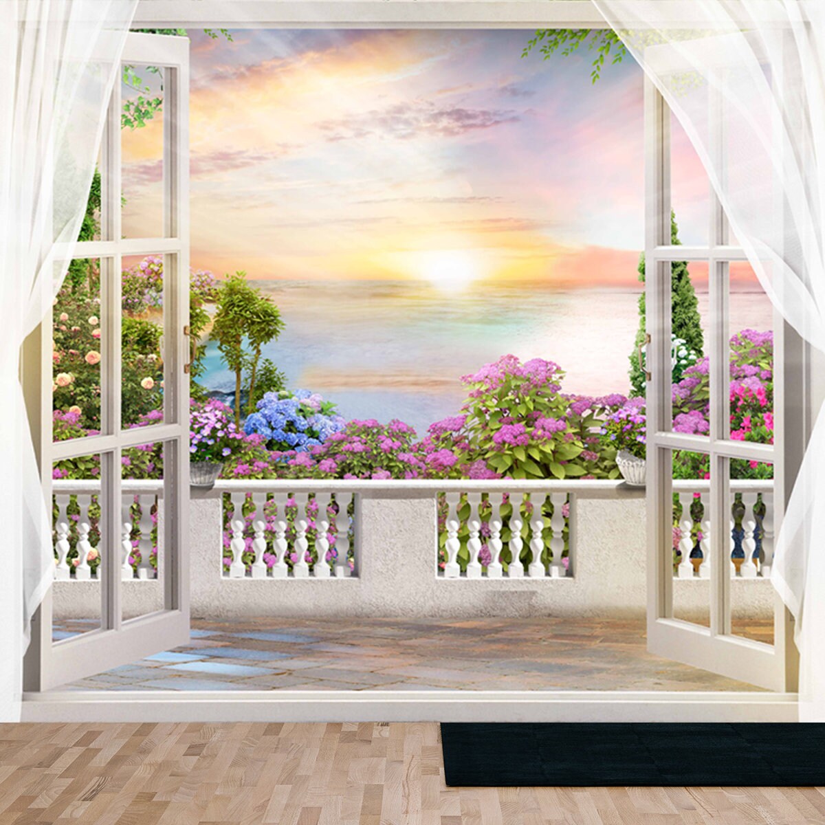 Beautiful View from the Window to the Sea and the Blooming Garden Wallpaper Living Room Mural