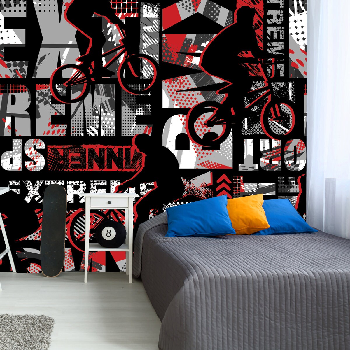 Urban Style Modern Background with Boy on Bicycle BMX Wallpaper Boy Bedroom Mural