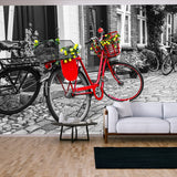 Retro Vintage Red Bicycle on Cobblestone Street in the Old Town. Black And White Toned Wallpaper Living Room Mural