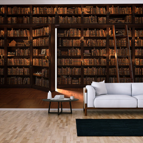 Secret Door in the Bookcase. Mysterious Library with Candle Lighting Wallpaper Living Room Mural