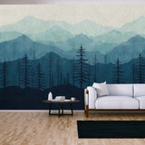 Mountain View Wallpaper Design, Blue Monochrome Color, Mural Art, Forest, Jungle, Watercolor Texture Wallpaper Living Room Mural