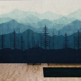 Mountain View Wallpaper Design, Blue Monochrome Color, Mural Art, Forest, Jungle, Watercolor Texture Wallpaper Living Room Mural