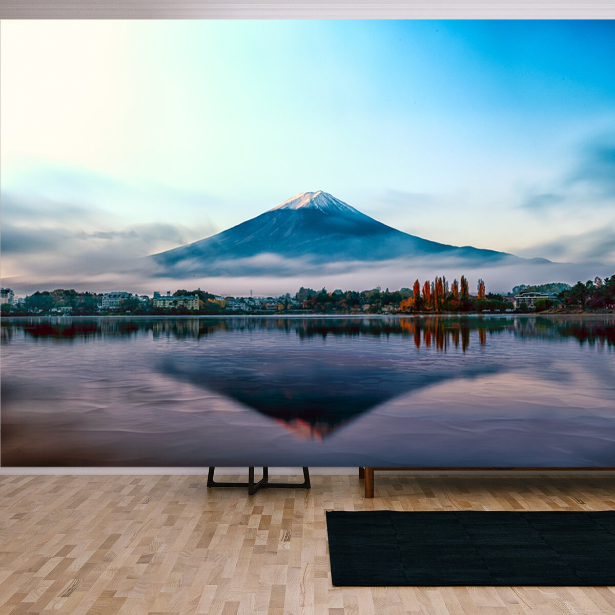 Mt Fuji in the Early Morning with Reflection on the Lake Kawaguchiko Wallpaper Living Room Mural