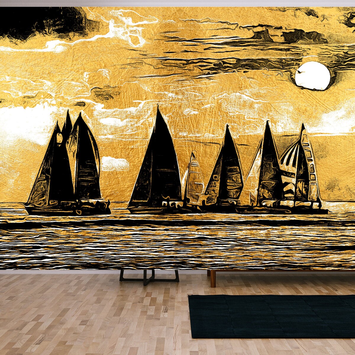 Modern Painting of Golden Sunset Seascape Wallpaper Living Room Mural