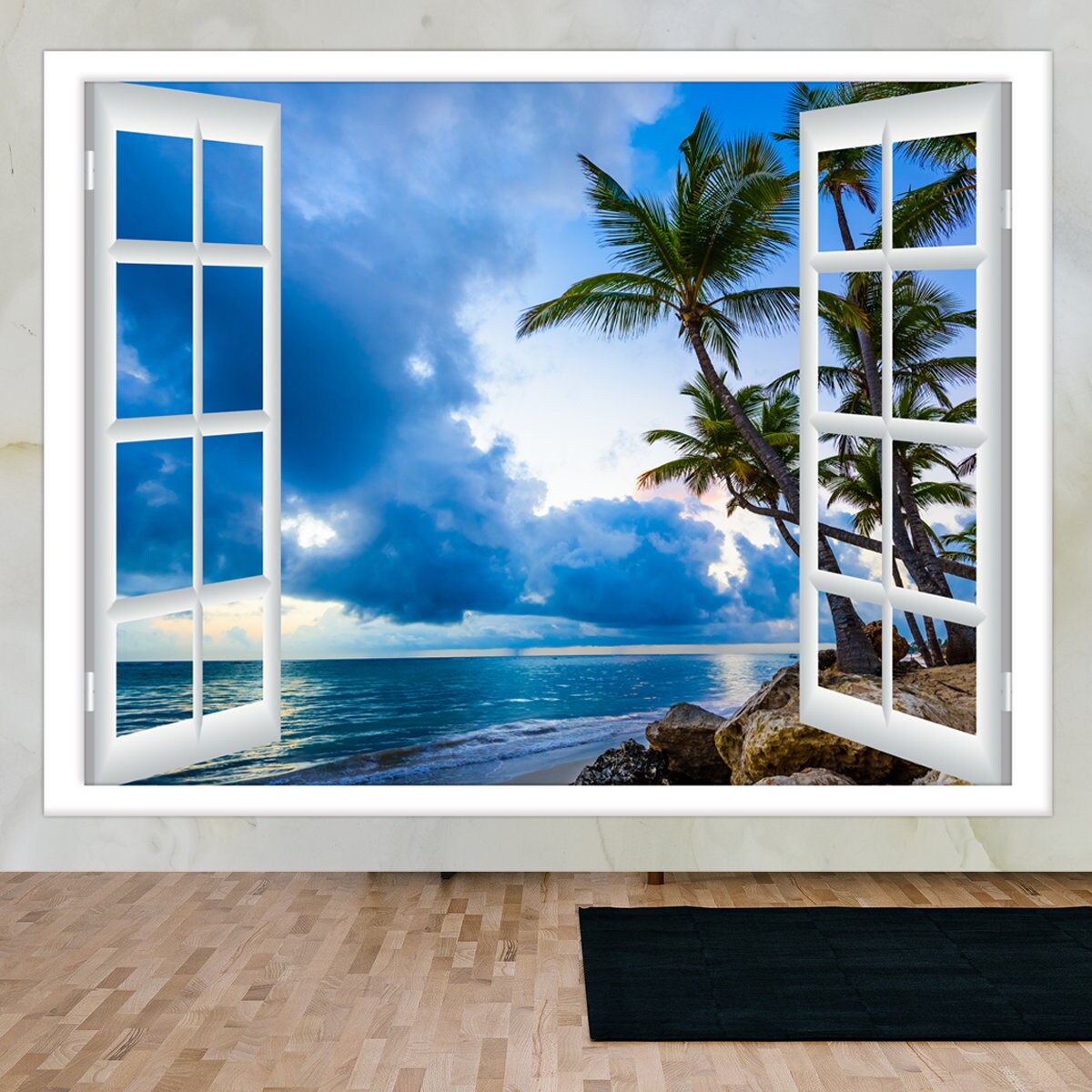 Open Window View of the Sky with Clouds Sunrise Over the Beach Wallpaper Living Room Mural