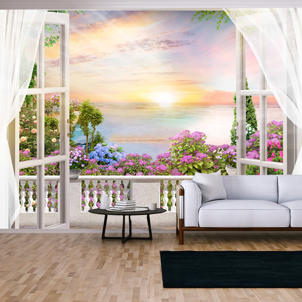 Beautiful View from the Window to the Sea and the Blooming Garden Wallpaper Living Room Mural