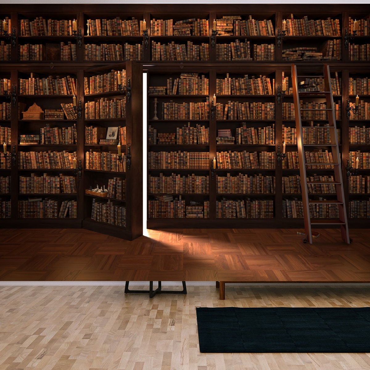 Secret Door in the Bookcase. Mysterious Library with Candle Lighting Wallpaper Living Room Mural