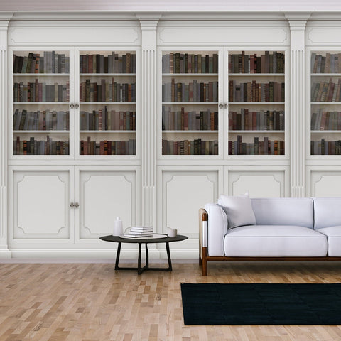 White Bookshelf Background. Library in the Romanesque Style Wallpaper Living Room Mural