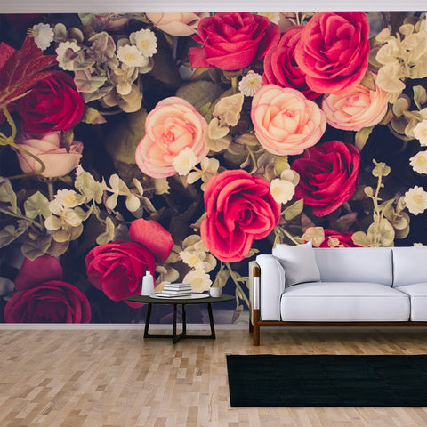 Rose Vintage Flowers on a Black Background Wallpaper Living Room Mural