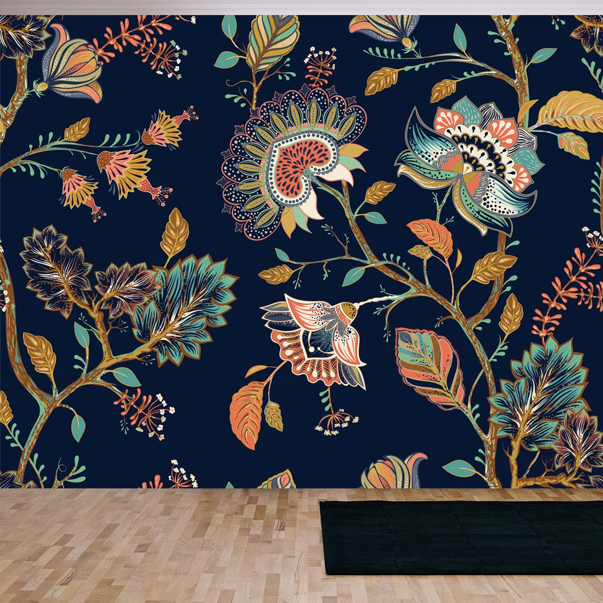 Colorful Seamless Vector Pattern with Decorative Flowers and Plants. Indian Style, Indonesian Batik Wallpaper Living Room Mural