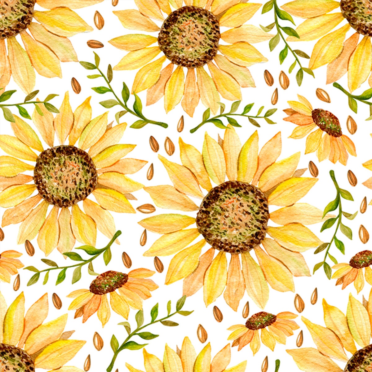 Seamless Watercolor Pattern with Sunflowers and Twigs on a White Background Wallpaper Living Room Mural