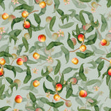 Seamless Pattern with Peach Fruits, Blossom and Green Leaves on Green Background, Vintage Botanical Wallpaper Kitchen Wallpaper Mural