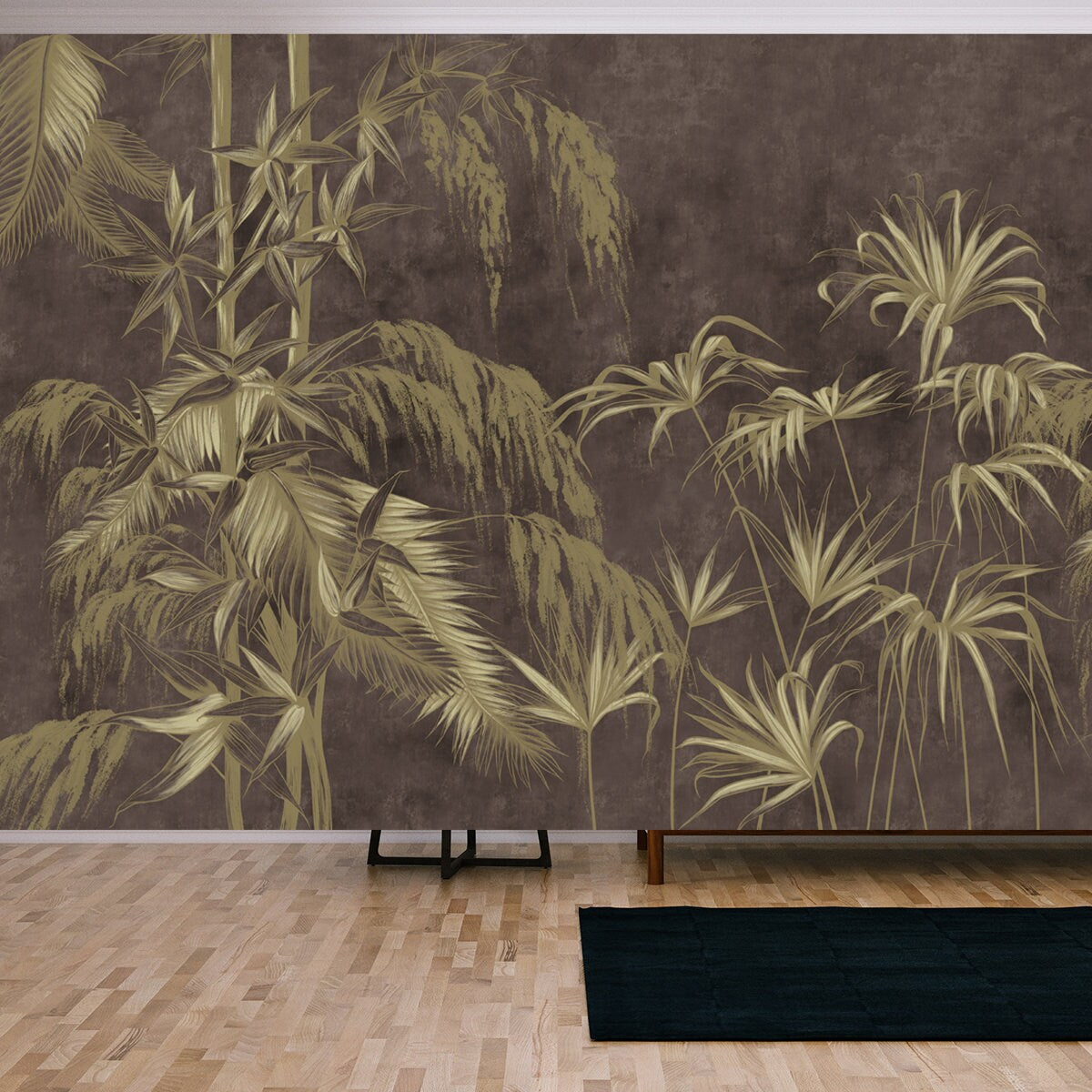 Graphic Exotic Flowers on the Concrete Grunge Wall. Dark Background Wallpaper Living Room Mural