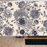 Floral Seamless Pattern Flowers Roses, Peonies, Hydrangea. Black  and White. Victorian Style Wallpaper Living Room Mural