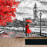 Oil Painting on Canvas, Street of London, Big Ben, Man and Woman Under a Red Umbrella Wallpaper Living Room Mural